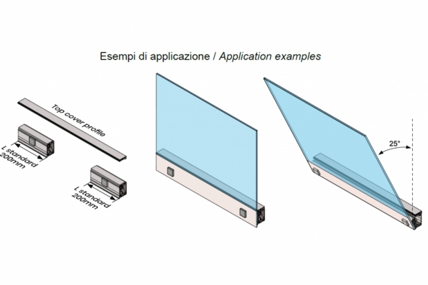 Tilt down, opening system for tempered flat linear glass panels - NEM 074 - 1