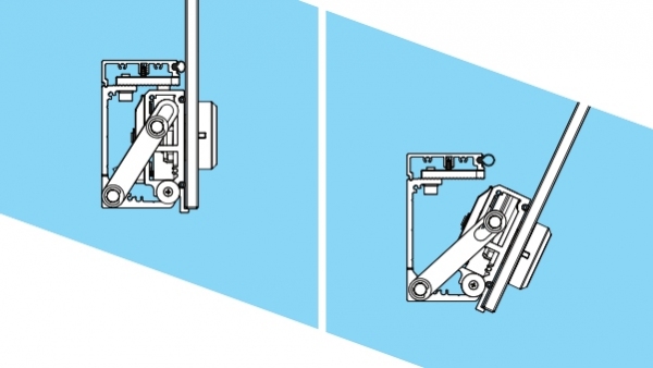 Tilt down, opening system for tempered flat linear glass panels - NEM 074