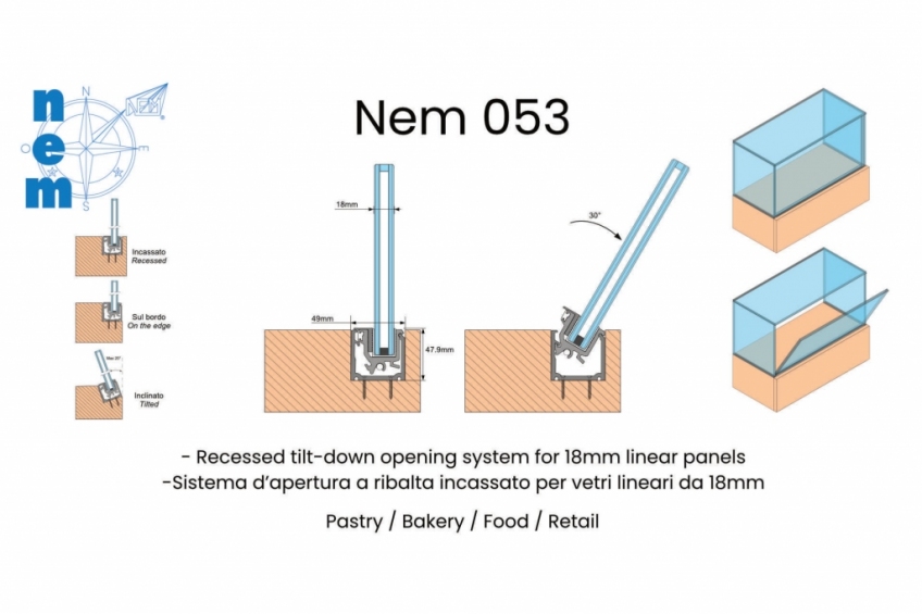 NEM 053 - Self-standing tilt down opening system for single and double glass panels - 2