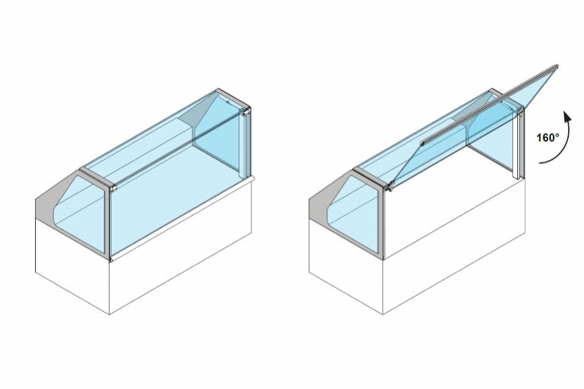 Sistema profesional de apertura elevable en acero inoxidable para vitrinas lineales de vidrio plano - NEM 090 - 1