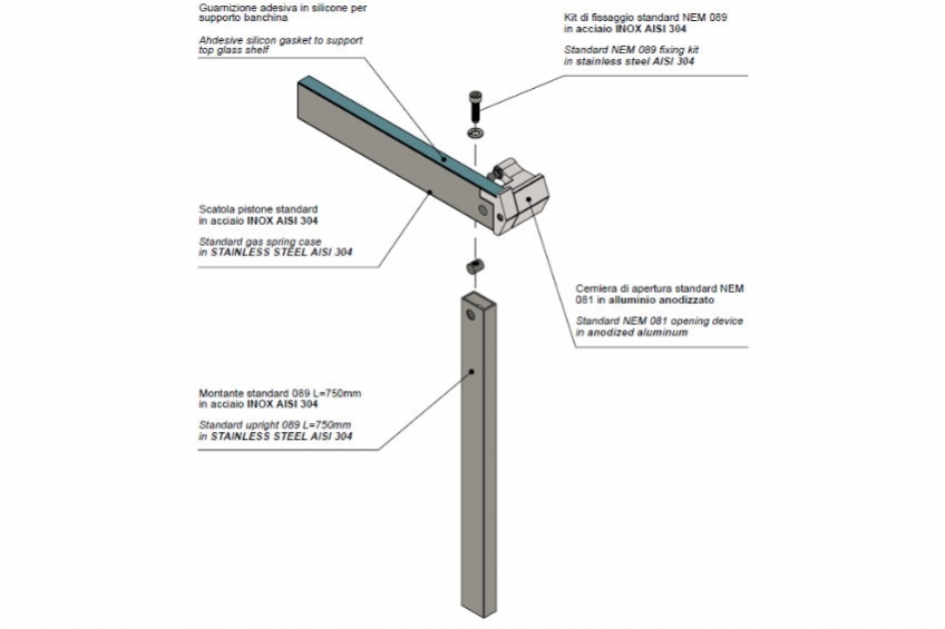 Sistema profesional de apertura elevable en acero inoxidable para vitrinas lineales de vidrio plano - NEM 090 - 2